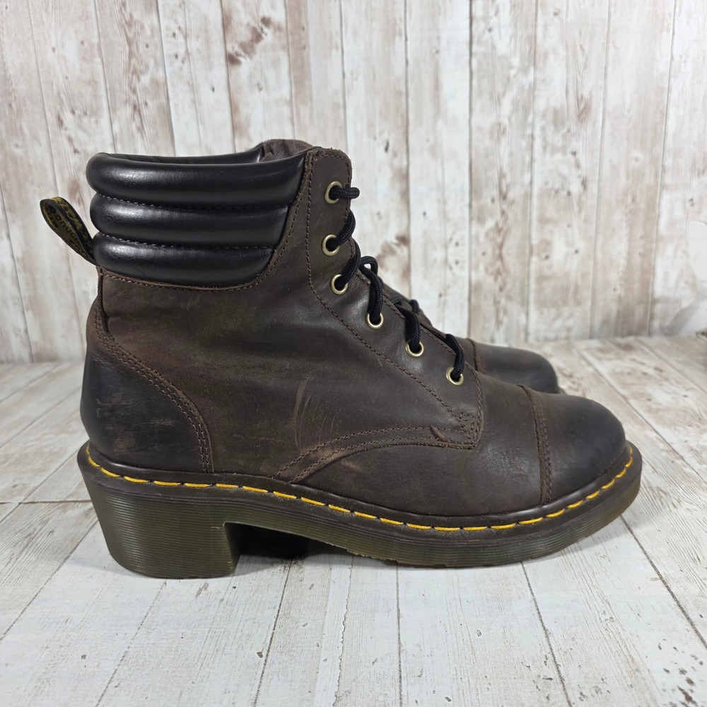 Dr. Martens Dark Brown Leather Heeled Combat Boots Cap Toe Padded Collar 11